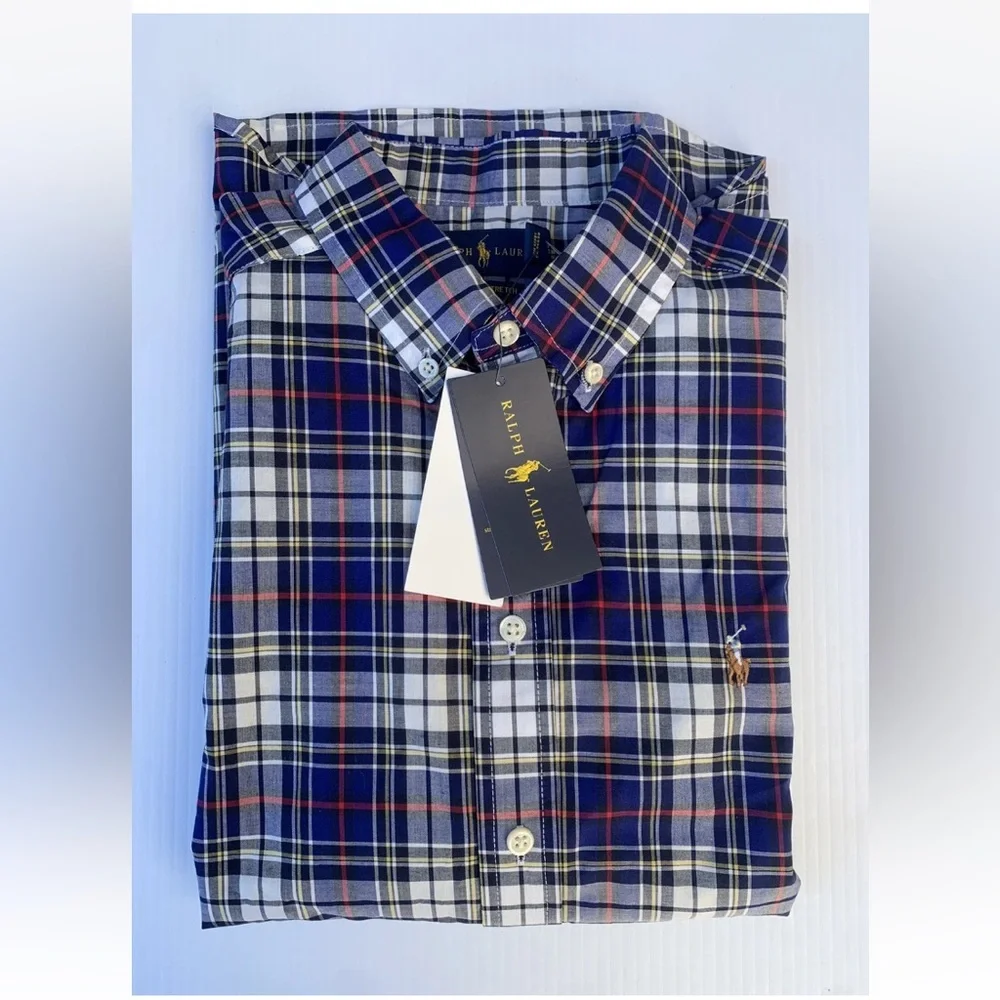 Ralph Lauren Boys Sz Large 14-16 Blue Plaid Button Down Long Sleeve Shirt NWT